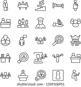 Thin Line Icon Set - dispatcher vector, female, vip, reception, bed, speaking man, pedestal, team, meeting, manager place, pregnancy, client, group, hr, desk, career ladder, search, cook, consumer