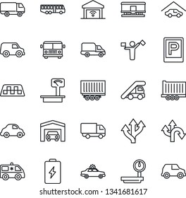 Thin Line Icon Set - dispatcher vector, taxi, airport bus, parking, alarm car, ladder, ambulance, route, truck trailer, delivery, heavy scales, railroad, garage, gate control, battery