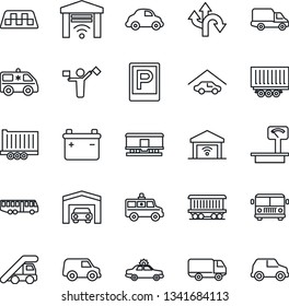 Thin Line Icon Set - dispatcher vector, taxi, airport bus, parking, alarm car, ladder, ambulance, route, railroad, truck trailer, delivery, heavy scales, garage, gate control, battery