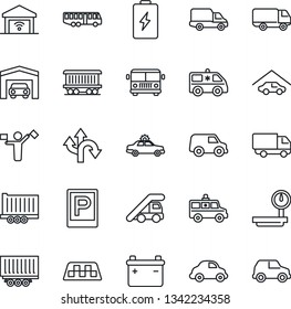 Thin Line Icon Set - dispatcher vector, taxi, airport bus, parking, alarm car, ladder, ambulance, route, railroad, truck trailer, delivery, heavy scales, garage, gate control, battery