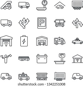 Thin Line Icon Set - dispatcher vector, airport bus, parking, alarm car, ladder, ambulance, route, railroad, truck trailer, delivery, heavy scales, garage, gate control, battery