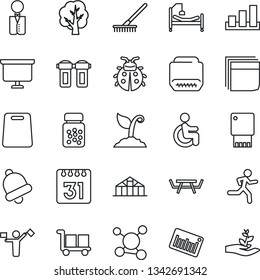 Thin Line Icon Set - dispatcher vector, presentation board, rake, tree, sproute, lady bug, greenhouse, picnic table, pills bottle, run, hospital bed, disabled, molecule, cargo, sorting, barcode