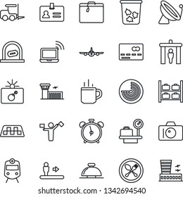 Thin Line Icon Set - dispatcher vector, satellite antenna, taxi, suitcase, hot cup, spoon and fork, security gate, train, escalator, alarm clock, trash bin, credit card, bomb in case, reception bell