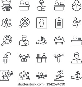 Thin Line Icon Set - dispatcher vector, male, vip, speaking man, pedestal, team, meeting, manager place, doctor, client, identity card, hr, desk, career ladder, company, search, estate agent