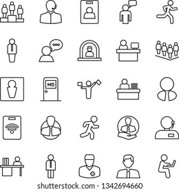 Thin Line Icon Set - dispatcher vector, male, reception, medical room, manager, speaking man, pedestal, team, place, run, doctor, client, speaker, identity card, support, desk, estate agent, pass