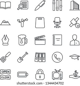 Thin Line Icon Set - dispatcher vector, phone, office building, chair, book, document search, graduate, pen, garden fork, shovel, satellite, clapboard, settings, user, battery, copybook, ink, lock
