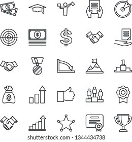 Thin Line Icon Set - dispatcher vector, handshake, growth statistic, dollar sign, pedestal, medal, graduate, money bag, document, cash, finger up, sertificate, target, police, motivation, crisis