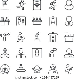 Thin Line Icon Set - dispatcher vector, security gate, elevator, male, reception, medical room, speaking man, pedestal, manager place, run, doctor, support, client, desk, meeting, estate agent