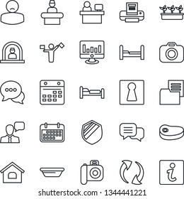 Thin Line Icon Set - dispatcher vector, female, reception, bed, manager place, statistic monitor, seedling, patient, term, folder document, shield, camera, dialog, speaker, update, calendar, printer