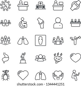 Thin Line Icon Set - Dispatcher Vector, Male, Pedestal, Brainstorm, Manager Place, Heart, Disabled, Hand, Stomach, Lungs, Joint, Hospital, Virus, User, Meeting, Company, Group, Man With Notebook