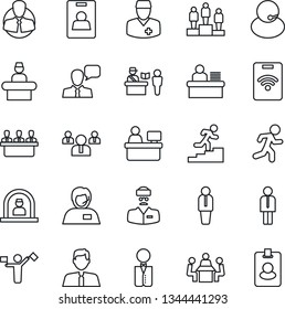 Thin Line Icon Set - dispatcher vector, passport control, reception, manager, pedestal, team, place, run, doctor, support, client, speaker, identity card, desk, meeting, career ladder, estate agent