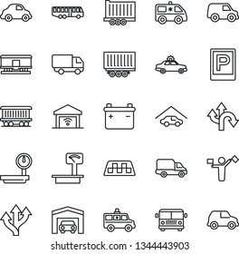 Thin Line Icon Set - dispatcher vector, taxi, airport bus, parking, alarm car, ambulance, route, railroad, truck trailer, delivery, heavy scales, garage, gate control, battery