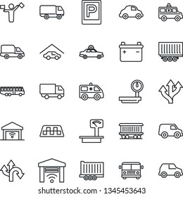 Thin Line Icon Set - dispatcher vector, taxi, airport bus, parking, alarm car, ambulance, route, railroad, truck trailer, delivery, heavy scales, garage, gate control, battery