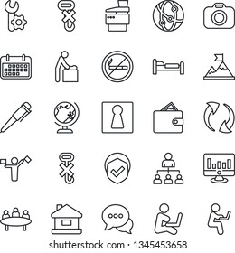 Thin Line Icon Set - dispatcher vector, no smoking, female, baby room, globe, bed, hierarchy, pen, meeting, statistic monitor, term, hook, shield, camera, network, dialog, update, root setup, copier