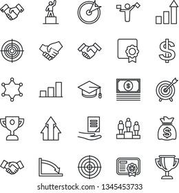 Thin Line Icon Set - dispatcher vector, handshake, growth statistic, dollar sign, pedestal, graduate, money bag, document, sertificate, bar graph, target, police, arrow up, crisis, cash, certificate