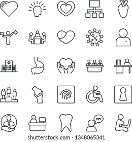 Thin Line Icon Set - Dispatcher Vector, Female, Disabled, Pedestal, Manager Place, Heart, Hand, Stomach, Real, Tooth, Joint, Hospital, Virus, Client, Speaker, User, Fingerprint Id, Desk, Meeting