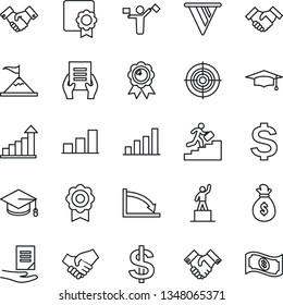 Thin Line Icon Set - dispatcher vector, handshake, growth statistic, dollar sign, pedestal, medal, graduate, document, sertificate, bar graph, target, career ladder, motivation, money bag, pennon