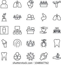 Thin Line Icon Set - dispatcher vector, male, pedestal, meeting, manager place, heart hand, stomach, lungs, real, tooth, joint, hospital, virus, client, group, user, fingerprint id, hierarchy