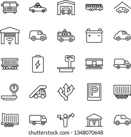 Thin Line Icon Set - dispatcher vector, airport bus, parking, alarm car, ladder, ambulance, route, railroad, truck trailer, delivery, heavy scales, garage, gate control, battery
