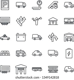 Thin Line Icon Set - dispatcher vector, taxi, airport bus, parking, alarm car, ladder, ambulance, route, railroad, truck trailer, delivery, heavy scales, garage, gate control, battery