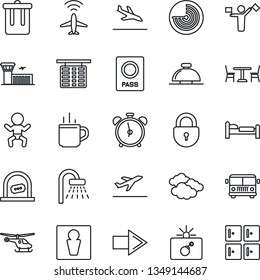 Thin Line Icon Set - dispatcher vector, plane radar, departure, arrival, airport bus, hot cup, cafe, alarm clock, trash bin, male, bomb in case, reception bell, baby, ticket office, passport, bed