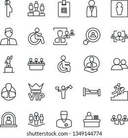 Thin Line Icon Set - dispatcher vector, male, vip, disabled, reception, bed, pedestal, doctor, pregnancy, client, group, identity card, hr, manager desk, meeting, career ladder, company, search