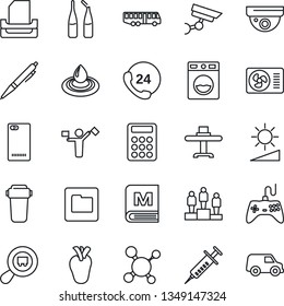 Thin Line Icon Set - dispatcher vector, airport bus, pedestal, molecule, syringe, ampoule, real heart, 24 hours, search cargo, gamepad, phone back, folder, brightness, calculator, paper tray, pen