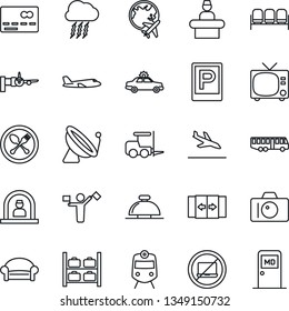 Thin Line Icon Set - dispatcher vector, satellite antenna, arrival, airport bus, parking, spoon and fork, automatic door, train, no laptop, tv, waiting area, credit card, alarm car, reception bell