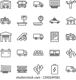 Thin Line Icon Set - dispatcher vector, taxi, airport bus, parking, alarm car, ladder, ambulance, route, railroad, truck trailer, delivery, heavy scales, garage, gate control, battery