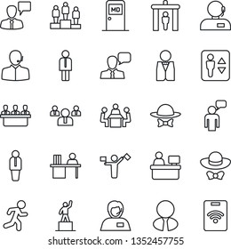 Thin Line Icon Set - dispatcher vector, security gate, elevator, medical room, manager, speaking man, pedestal, team, place, run, support, speaker, desk, meeting, estate agent, waiter, dress code