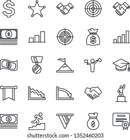 Thin Line Icon Set - dispatcher vector, handshake, dollar sign, pedestal, medal, graduate, money bag, cash, bar graph, target, career ladder, police, motivation, pennon, crisis, certificate