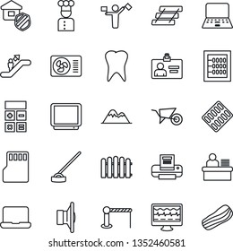 Thin Line Icon Set - dispatcher vector, barrier, escalator, identity card, calculator, notebook pc, fence, wheelbarrow, hoe, monitor pulse, pills blister, tooth, speaker, tv, sd, abacus, printer