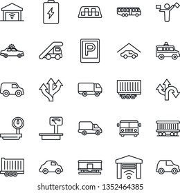 Thin Line Icon Set - dispatcher vector, taxi, airport bus, parking, alarm car, ladder, ambulance, route, railroad, truck trailer, delivery, heavy scales, garage, gate control, battery