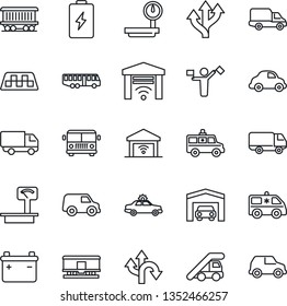 Thin Line Icon Set - dispatcher vector, taxi, airport bus, alarm car, ladder, ambulance, route, railroad, delivery, heavy scales, garage, gate control, battery