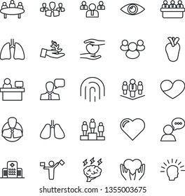 Thin Line Icon Set - dispatcher vector, pedestal, team, brainstorm, meeting, manager place, heart, hand, lungs, real, eye, hospital, client, speaker, group, fingerprint id, company, palm sproute