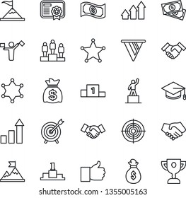 Thin Line Icon Set - dispatcher vector, handshake, growth statistic, pedestal, graduate, money bag, cash, finger up, target, police, arrow graph, motivation, pennon, certificate, award cup
