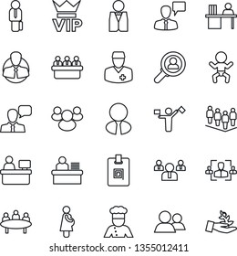 Thin Line Icon Set - dispatcher vector, vip, baby, speaking man, team, meeting, manager place, doctor, pregnancy, client, speaker, group, identity card, hr, desk, estate agent, waiter, cook