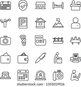 Thin Line Icon Set - dispatcher vector, parking, baby room, reception, pen, meeting, manager place, house, seedling, term, no hook, shield, camera, user, calendar, news, printer, bedroom, motivation