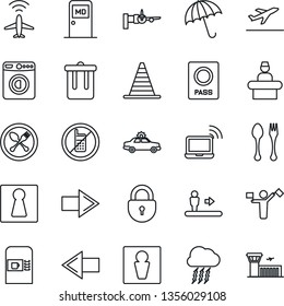 Thin Line Icon Set - dispatcher vector, plane radar, departure, spoon and fork, coffee machine, umbrella, escalator, no mobile, trash bin, male, female, alarm car, wireless notebook, reception, left