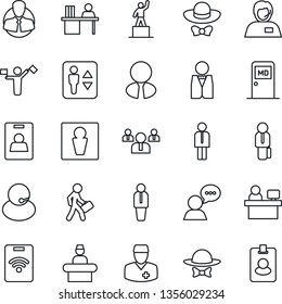 Thin Line Icon Set - dispatcher vector, elevator, male, reception, medical room, manager, pedestal, team, place, doctor, support, client, speaker, identity card, desk, estate agent, waiter, pass
