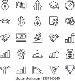 Thin Line Icon Set - dispatcher vector, growth statistic, dollar sign, graduate, money bag, cash, sertificate, bar graph, handshake, career ladder, target, arrow up, pennon, crisis, pedestal