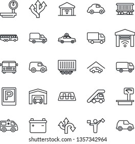 Thin Line Icon Set - dispatcher vector, taxi, airport bus, parking, alarm car, ladder, ambulance, route, railroad, truck trailer, delivery, heavy scales, garage, gate control, battery