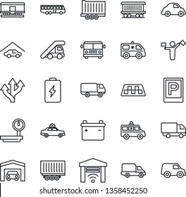 Thin Line Icon Set - dispatcher vector, taxi, airport bus, parking, alarm car, ladder, ambulance, route, railroad, truck trailer, delivery, heavy scales, garage, gate control, battery