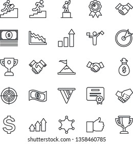 Thin Line Icon Set - dispatcher vector, handshake, growth statistic, dollar sign, pedestal, medal, finger up, target, career ladder, police, arrow graph, motivation, money bag, pennon, crisis, cash