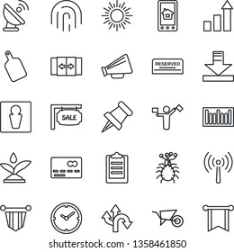 Thin Line Icon Set - dispatcher vector, antenna, automatic door, male, credit card, sun, growth statistic, pennant, wheelbarrow, virus, route, barcode, satellite, loudspeaker, paper pin, download