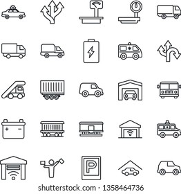 Thin Line Icon Set - dispatcher vector, airport bus, parking, alarm car, ladder, ambulance, route, railroad, truck trailer, delivery, heavy scales, garage, gate control, battery