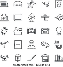 Thin Line Icon Set - dispatcher vector, ticket office, gear, team, drawing pin, manager place, bulb, wheelbarrow, glove, bird house, scalpel, receipt, rack, tv, copybook, fruit tree, sale, building