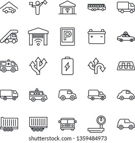 Thin Line Icon Set - dispatcher vector, taxi, airport bus, parking, alarm car, ladder, ambulance, route, truck trailer, delivery, heavy scales, garage, gate control, battery