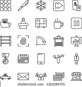 Thin Line Icon Set - dispatcher vector, hot cup, alarm car, reception, manager, mail, team, medal, crisis graph, cargo container, consolidated, rack, cell phone, pause button, fast forward, menu