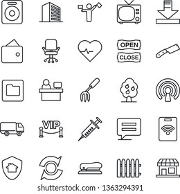 Thin Line Icon Set - dispatcher vector, tv, office building, chair, manager place, garden fork, fence, heart pulse, syringe, car delivery, speaker, message, folder, download, update, stapler, knife